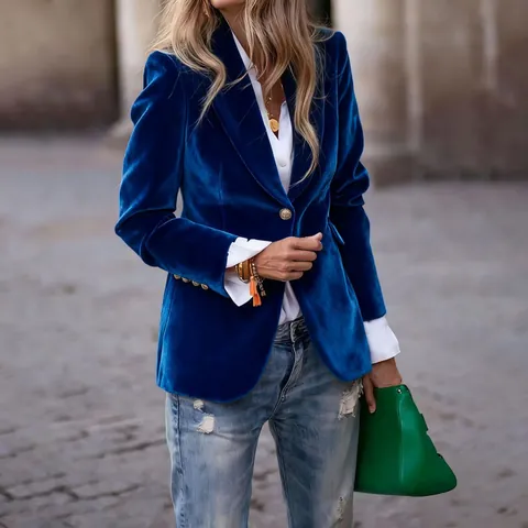 Chaqueta Blazer de Terciopelo Dorado Elegante para Mujer Ajuste Delgado Solapa de Muesca Abotonadura Sencilla con Bolsillos Falsos Top