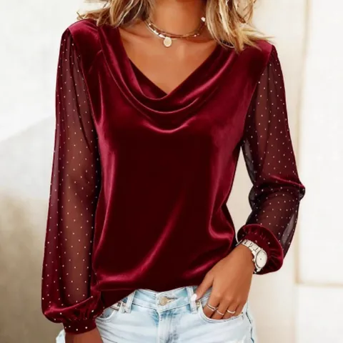 Women V-neck Velvet Top With Mesh Rhinestone Long Sleeves Elegant Slim Fit T-shirt Casual Fashion Pullover Top Blouse