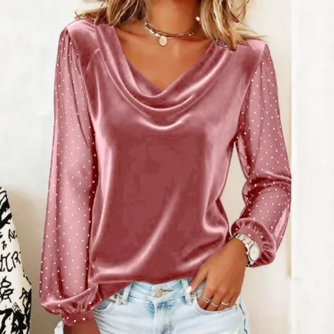 Women V-neck Velvet Top With Mesh Rhinestone Long Sleeves Elegant Slim Fit T-shirt Casual Fashion Pullover Top Blouse