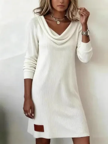Women's Cowl Neck Long Sleeve Midi Dress Autumn Winter Solid Slim Fit Ribbed Knit Draped Bodycon Casual Dress