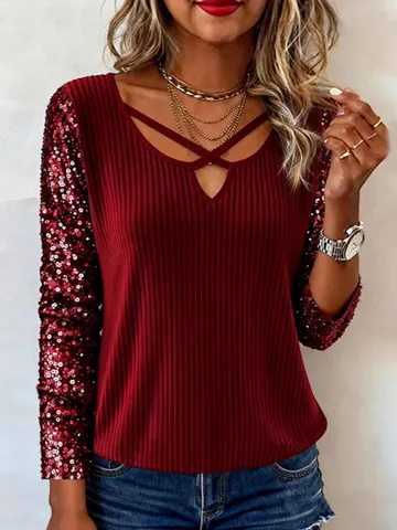 Women Sequin Patchwork Long Sleeve V-Neck Top Ribbed Knit Criss Cross Straps Slim Fit T-Shirt Party Fashion Top