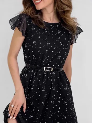 Women's French Vintage Puff Flutter Sleeve A-Line Mini Dress Elegant Floral Polka Dot Print High Waist Dress With Belt