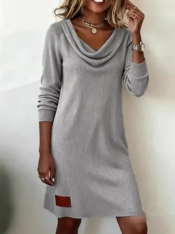 Women's Cowl Neck Long Sleeve Midi Dress Autumn Winter Solid Slim Fit Ribbed Knit Draped Bodycon Casual Dress
