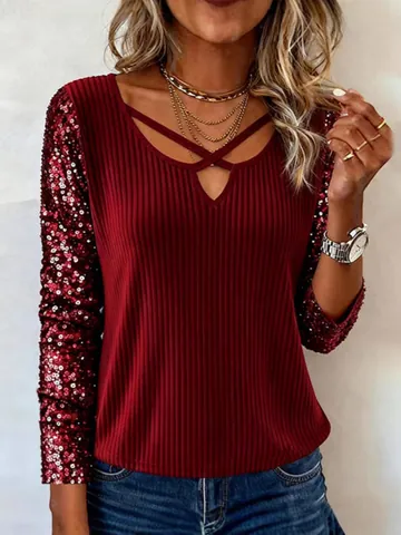 Women Sequin Patchwork Long Sleeve V-Neck Top Ribbed Knit Criss Cross Straps Slim Fit T-Shirt Party Fashion Top