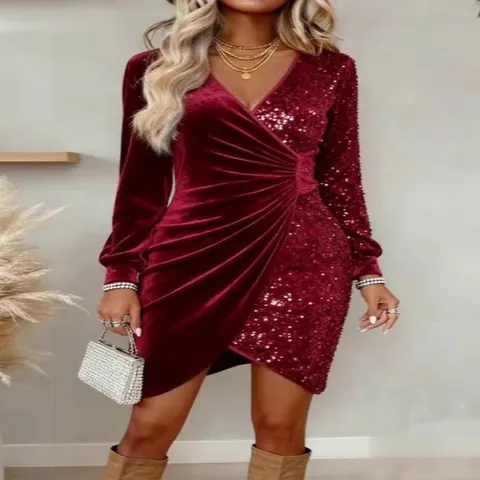 Women Sexy V-Neck Sequin Velvet Patchwork Bodycon Dress Long Sleeve Elegant Ruched Evening Party Clubwear Mini Dress