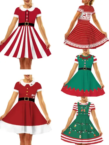 Women's Christmas 3D Digital Print Dress High Waist Slim Fit Santa Elf Snowman Pattern Short Sleeve Party Mini Dress