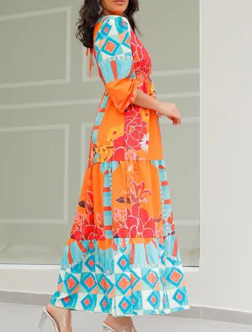 Women Vintage Ethnic Print V-neck Maxi Dress Bohemian Lantern Sleeve Tiered Cake Long Dress Retro High Waist Elastic Dress