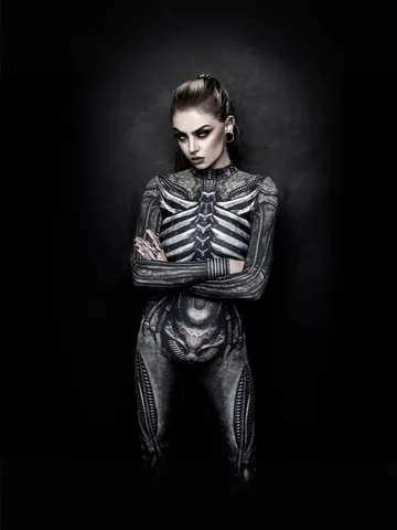 Women's Halloween Skeleton Print Jumpsuit Gothic Style Long Sleeve Bodycon Romper Cosplay Party Costume Slim Fit Bodysuit