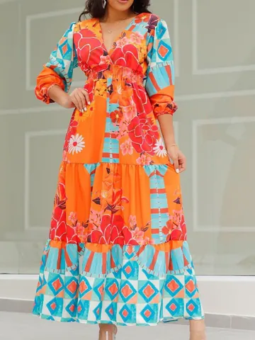 Women Vintage Ethnic Print V-neck Maxi Dress Bohemian Lantern Sleeve Tiered Cake Long Dress Retro High Waist Elastic Dress