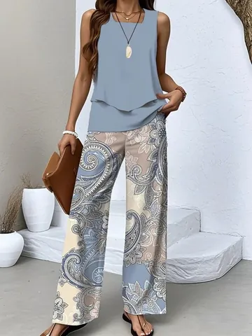 Women Casual Sleeveless Double Layer Tank Top And Floral Leaf Print Wide Leg Pants Summer Vacation Polyester Top And Bottom