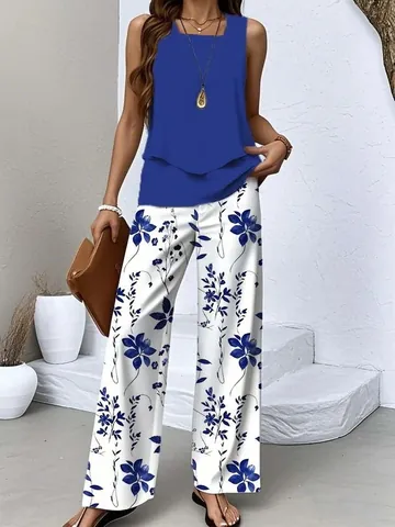 Women Casual Sleeveless Double Layer Tank Top And Floral Leaf Print Wide Leg Pants Summer Vacation Polyester Top And Bottom