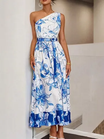 Women One Shoulder Sleeveless Maxi Dress Floral Print Polyester Summer Vacation Boho Belted A-Line Long Dress For Party