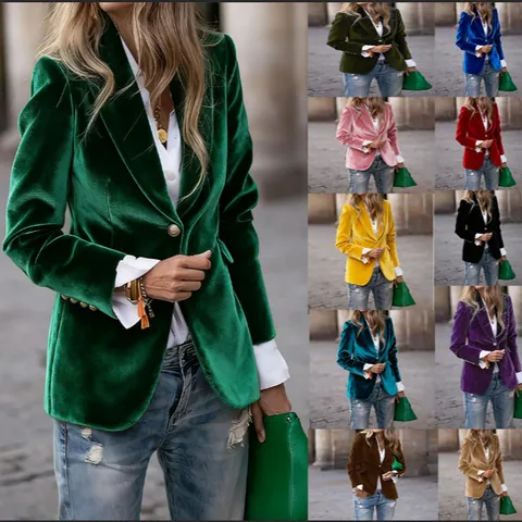 Chaqueta Blazer de Terciopelo Dorado Elegante para Mujer Ajuste Delgado Solapa de Muesca Abotonadura Sencilla con Bolsillos Falsos Top