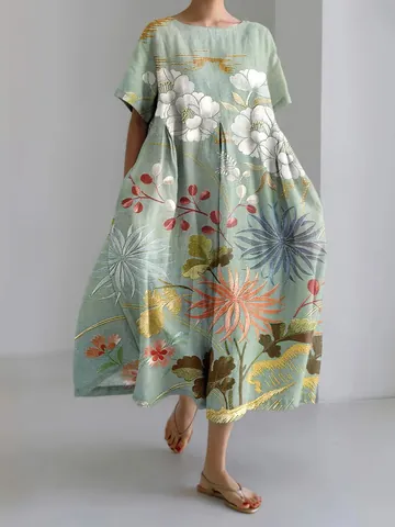 Dames Tokyo Stijl Bedrukte Maxi Jurk Losse Casual Japanse Retro Bloemen Zomer Vakantie Jurk Losse A-Lijn Lange Jurk