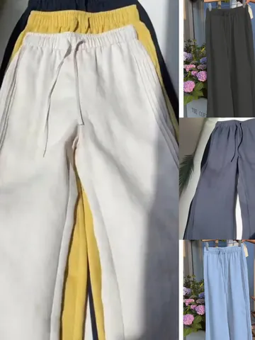 Women's Casual Cotton Linen Wide Leg Pants Straight Drawstring Solid Color Vacation Commuter Trousers Fashion Loose Bottoms