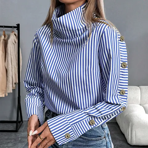 Women Striped Long Sleeve Blouse Urban Fashion High Neck Top With Metal Buttons Casual Thin Pullover Shirt For Daily Party