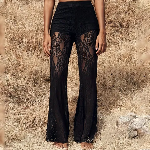 Women High Waisted Lace Flare Pants Hollow Out Knit Bell Bottom Trousers See Through Bohemian Casual Party Beach Pants
