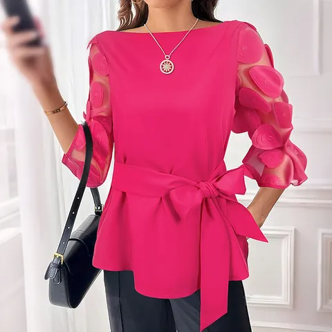 Top Elegante Fucsia para Mujer Diseñador Pétalos 3D Malla Media Manga Blusa Lazo en la Cintura Ajustado Moda Primavera