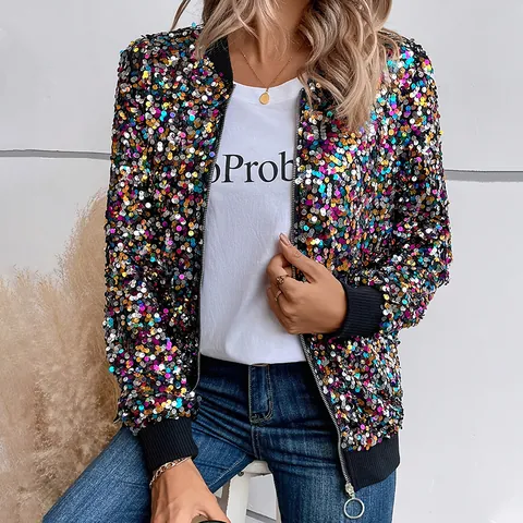 Women Colorful Sequin Jacket Sparkly Long Sleeve Bomber Jacket Zipper Front Elegant Party Outerwear Fashion Top