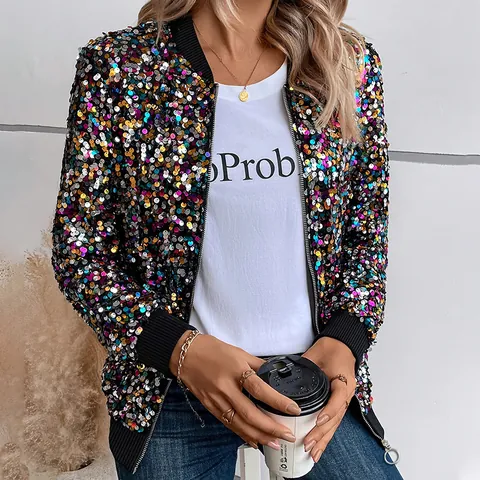 Women Colorful Sequin Jacket Sparkly Long Sleeve Bomber Jacket Zipper Front Elegant Party Outerwear Fashion Top