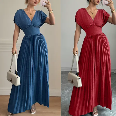 Women Elegant V-Neck Short Sleeve Maxi Dress Pleated Solid Color High Waist Slim Fit Casual Office Long Dress Polyester Clothing