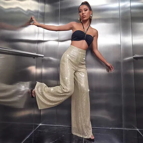 Women High Waist Shiny Sequined Wide Leg Pants Elegant Flowy Long Trousers For Party Banquet Nightclub Sequin Bottom