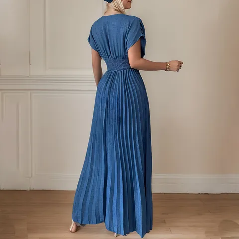 Women Elegant V-Neck Short Sleeve Maxi Dress Pleated Solid Color High Waist Slim Fit Casual Office Long Dress Polyester Clothing