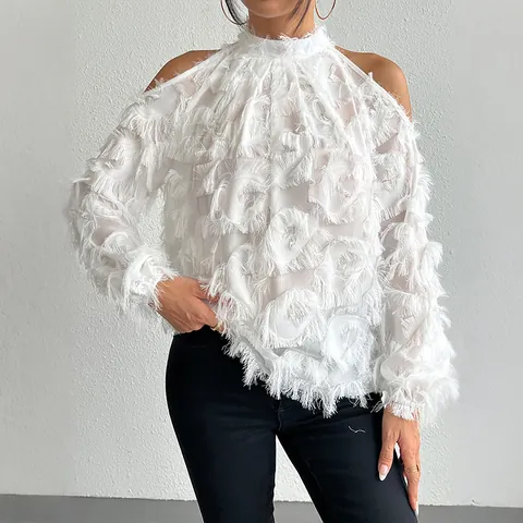 Elegante Weiße Polyester Neckholder Bluse Mit Offener Schulter Für Damen 3D-Fransen Quaste Design Langarm Mode Oberteil