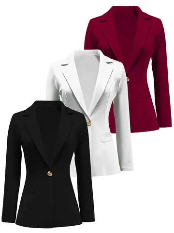 Damen Temperament Pendler Einfarbiger Blazer Eleganter Revers Langarm Polyester Top Mit Pattentaschen Bürokleidung