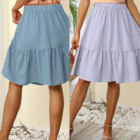 Women's Casual High Waist Pleated Mini Skirt Ruffle Tiered Summer Polyester Solid Color Short Skirt For Daily Vacation