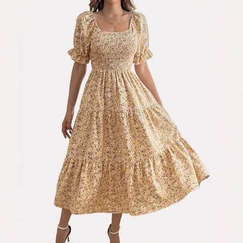 Women Square Neck Floral Midi Dress Smocked Waist Puff Sleeve Tiered Cake Skirt Elegant Vacation Khaki Polyester Dress