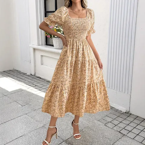 Women Square Neck Floral Midi Dress Smocked Waist Puff Sleeve Tiered Cake Skirt Elegant Vacation Khaki Polyester Dress