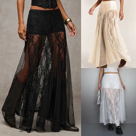 Women Cool Style Sheer Lace Floral Print Maxi Skirt Low Waist Hollow Out Mesh Long Skirt Bottom For Vacation Party