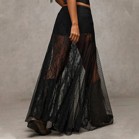 Gonna Lunga Donna Stile Cool in Pizzo Trasparente Stampa Floreale Vita Bassa Gonna a Rete Traforata per Vacanza