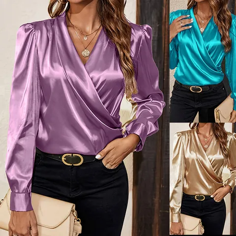 Women Elegant V-Neck Satin Blouse Smocked Lantern Long Sleeve Imitation Silk Shirt Solid Color Socialite Style Pullover Top