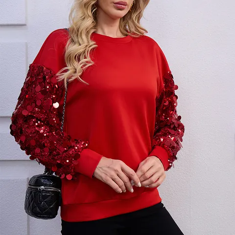 Sudadera de Mujer Navidad con Lentejuelas Manga Larga Estilo Francés Top Casual Cuello Redondo Pulóver de Fiesta Brillante para Mujer
