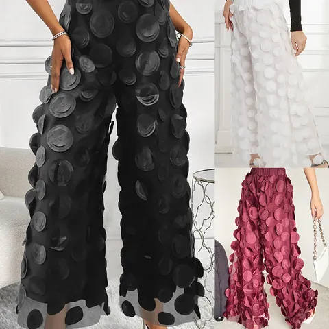 Women Elegant Mesh Polka Dot Straight Leg Pants 3D Applique High Waist Loose Casual Trousers Commuter Wide Leg Bottom