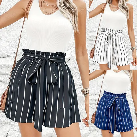 Women's Vertical Striped High Waist Paperbag Shorts Casual Tie Waist Summer Beach Loose Fit Polyester Shorts With Pockets