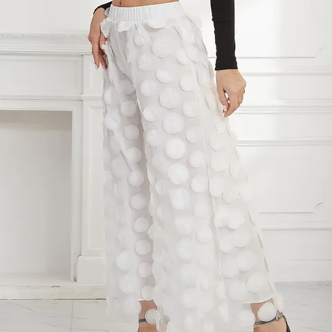 Women High Waist Wide Leg Mesh Pants 3D Polka Dot Tulle Trousers Elegant Straight Long Pants For Party Office Lady Bottom