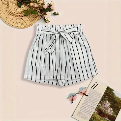 Women's Vertical Striped High Waist Paperbag Shorts Casual Tie Waist Summer Beach Loose Fit Polyester Shorts With Pockets
