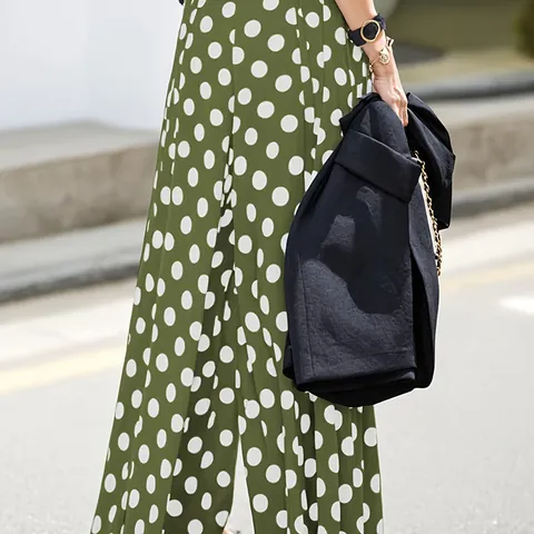 Women High Waist Polka Dot Wide Leg Pants Loose Slimming Ankle Length Culottes Trousers Embossed Polyester Bottom For Daily Party