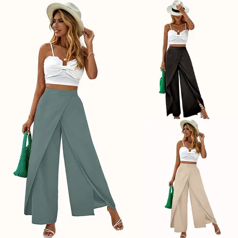 Women Casual High Waist Wide Leg Pants Loose Wrap Split Front Trousers Elegant Solid Color Polyester Pants For Office Vacation