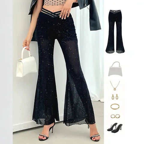 Women's Sexy See-Through Mesh High Waist Flare Pants Silver Stamped Starry Long Trousers For Party Nightclub Summer Fashion