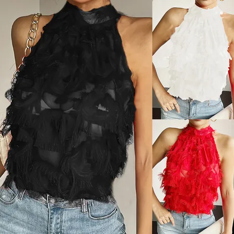 Women Halter Neck Sleeveless Mesh Top Fringe Feather Decoration Mock Neck Romantic Sexy Party Solid Color Polyester Top