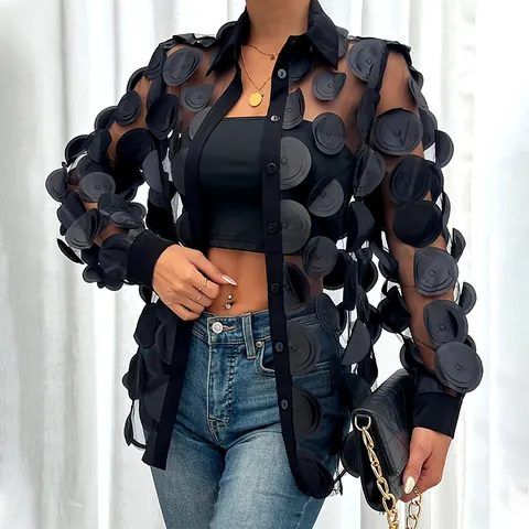 Women Top And Bottom Elegant Sheer Mesh Long Sleeve Blouse With Tube Top 3D Floral Appliques Fashion Casual Streetwear Top