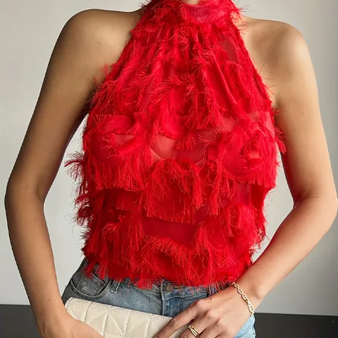 Women Halter Neck Sleeveless Mesh Top Fringe Feather Decoration Mock Neck Romantic Sexy Party Solid Color Polyester Top
