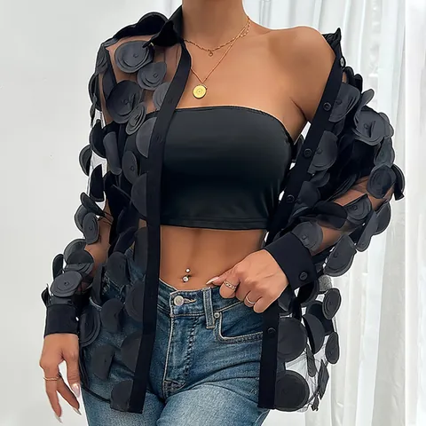 Women Top And Bottom Elegant Sheer Mesh Long Sleeve Blouse With Tube Top 3D Floral Appliques Fashion Casual Streetwear Top