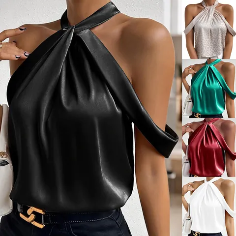 Camicetta Elegante in Raso con Scollo all'Americana da Donna Senza Maniche Top in Tinta Unita Sofisticato per Feste Banchetti Moda