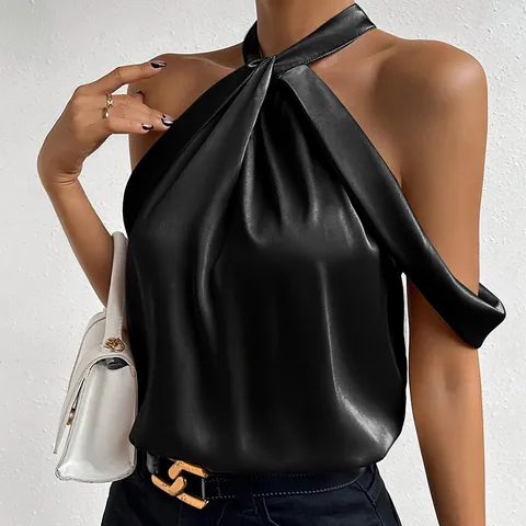 Camicetta Elegante in Raso con Scollo all'Americana da Donna Senza Maniche Top in Tinta Unita Sofisticato per Feste Banchetti Moda