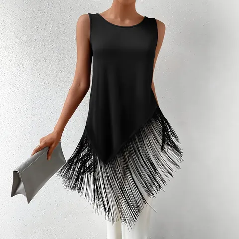 Women's Ribbed Knit Tank Top With Irregular Tassel Hem Sleeveless Pullover Round Neck Polyester Casual Solid Color Top